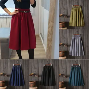 

Brand New Women Retro Stretch High Waist Skirt Skater Flared Pleated Swing Skirt+Belt Summer Solid A-line Sweet Skirts
