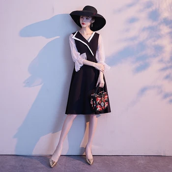 

V-neck Women Chinese Dress Noble Black A-line Qipao Lace Patchwork Cheongsam Elegant Robe De Soiree Lapel Formal Party Gown