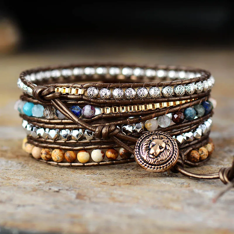 5 Strand Leather Wrap Bracelet W/ Semiprecious Stone Chain Beaded Statement Bracelet Boho Jewelry Dropshipping Wholesale