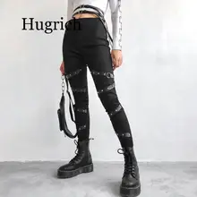 2020 Women Solid Gothic Steampunk style pants Black Casual Loose Elastic Tight trousers high waist Pockets Rivet Full Pants