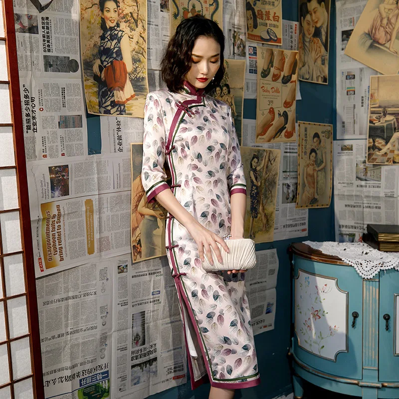 Для молодых девушек китайский стиль воротник Мандарин Cheongsam Половина рукава Винтаж Кнопка Qipao вечернее платье большой размер 3XL
