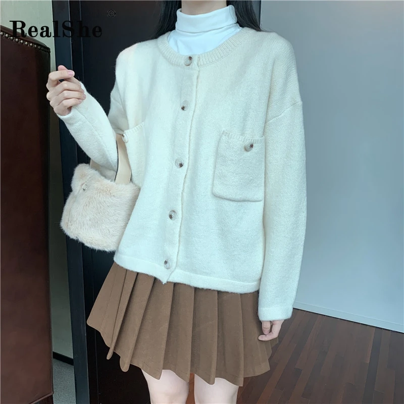 

RealShe Winter Cardigan Women O-neck Full Sleeve Pockets Buttons Female Sweater Winter Spring Casual Cashmere Sweater Women