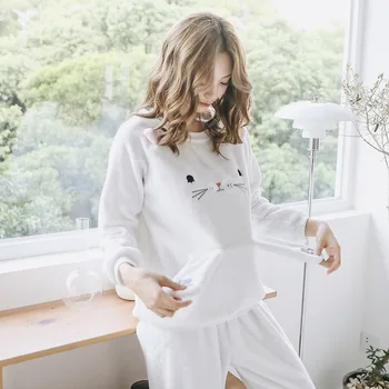 

New Winter Pj Set for Women Cute pijama gato Flannel Nuisette Comfortable Warm Long-sleeved Woman Pajamas Homewear Pillama Mujer