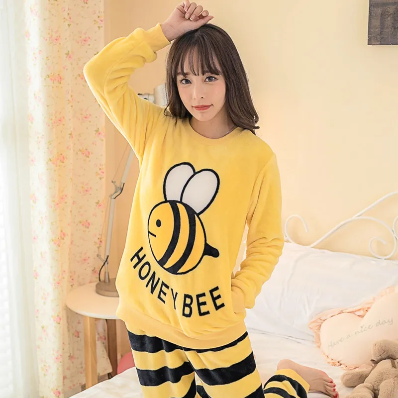 Thick Warm Flannel Pajama Sets For Women Winter Long Sleeve Coral Velvet Pyjama Girls Cute Cartoon Honey Bee Sleepwear Suit
