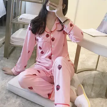 

Fashion Cute Print Loose Casual Suit Home Service Strawberry Cardigan Suit Pajamas Two-piece
