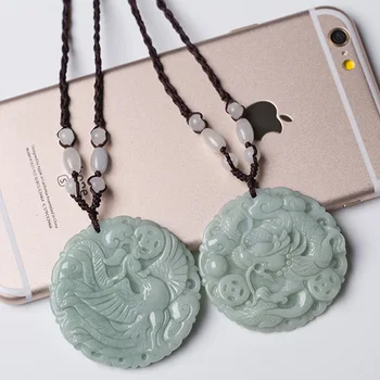 

2 in 1 Hand carving Jade stones Dragon and Phoenix Decoration Natural Emerald quartz crystals Burma Jade Jewelry pendant gifts