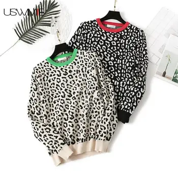 

Winter Thick Knitwear fashion Leisure Leopard Print O-neck Long Sleeve Contrast Color Comfortable Bottoming Pullover Sweater