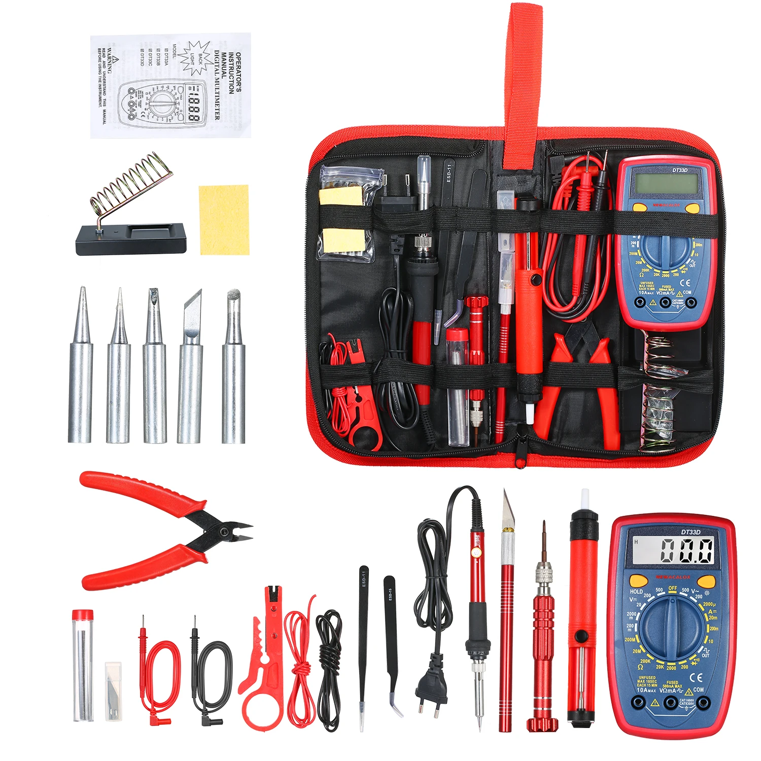 

22pcs Adjustable Temperature Soldering Iron Kit 220V 60W Digital Multimeter Soldering Tips Desoldering Pump Cutter Solder Wire
