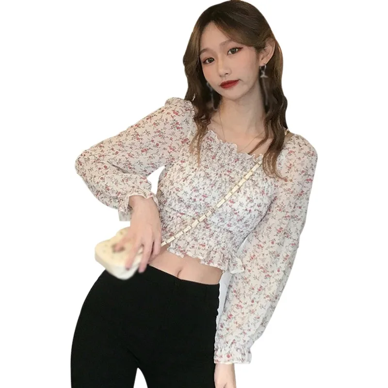 

Women's Clothes Ladies Fashion Square Collar Sexy Sweet Pleated Small Floral Print Short Chiffon Shirt One Size