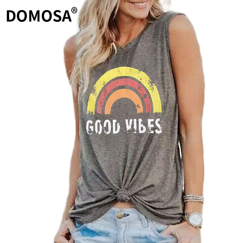 Женская майка с принтом GOOD VIBES rainbow удобная футболка без рукавов из чистого хлопка
