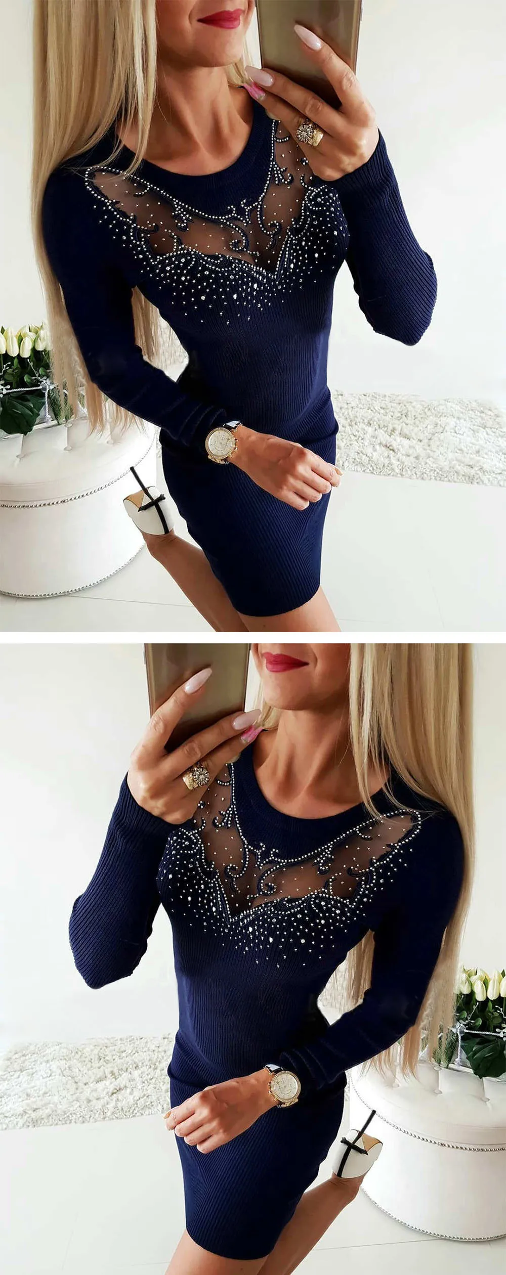 Модное женское платье Feitong, Vestidos, сексуальное, с длинным рукавом, из прозрачной сетки, в стиле пэчворк, бодикон, повседневное, для работы