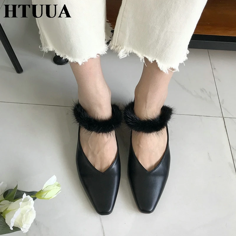 

HTUUA Fluffy Fur Small Square Heel Mules Shoes Women Flat Slippers Designer Slides Autumn Summer Shoes Woman Mule Female SX3108