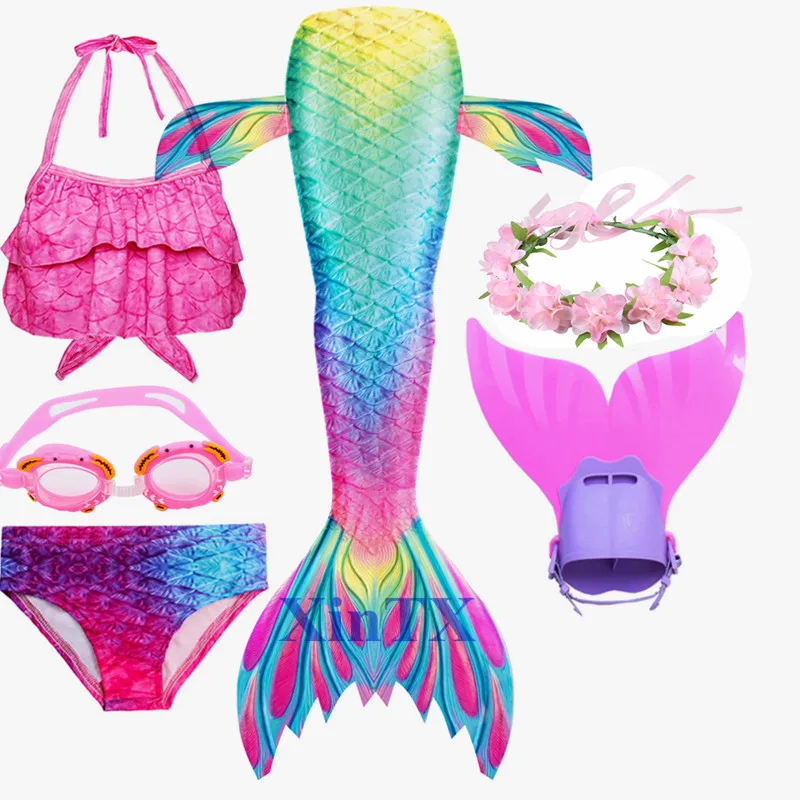 

6PCS/Set HOT Kids Girls Mermaid Tails Cosplay Swimsuit can add Monofin Fin Goggle with Garland or crown Bathing Suit Dress