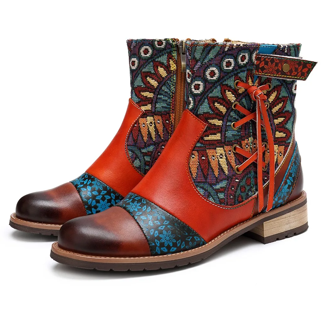 

Embroidery Lace Women Boots Vintage Flower Splicing Pattern Flat Bohemian Style Short Boots Female Block Motorcycle Booties