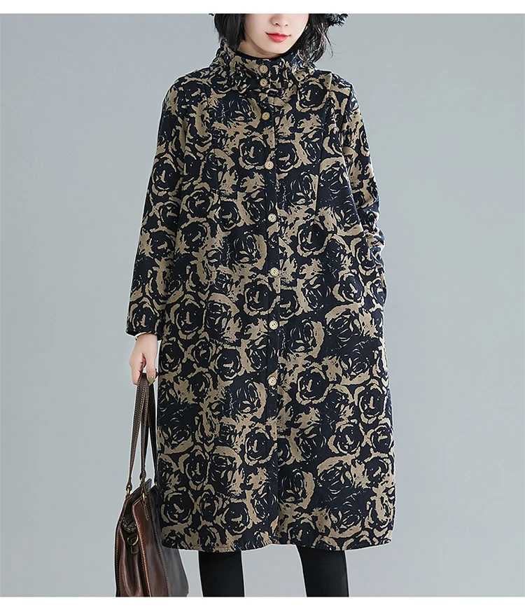 P Ammy зима цветочный принт плюс бархатная ветровка свободный ретро большой размер дикое теплое длинное пальто