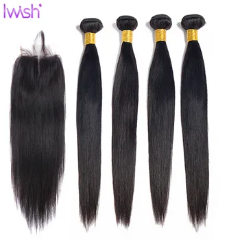 

30inch Straight Human Hair With Closure Brazilian Hair Weave Bundles Natural Black Color 3/4 Remy Human Hair Weave