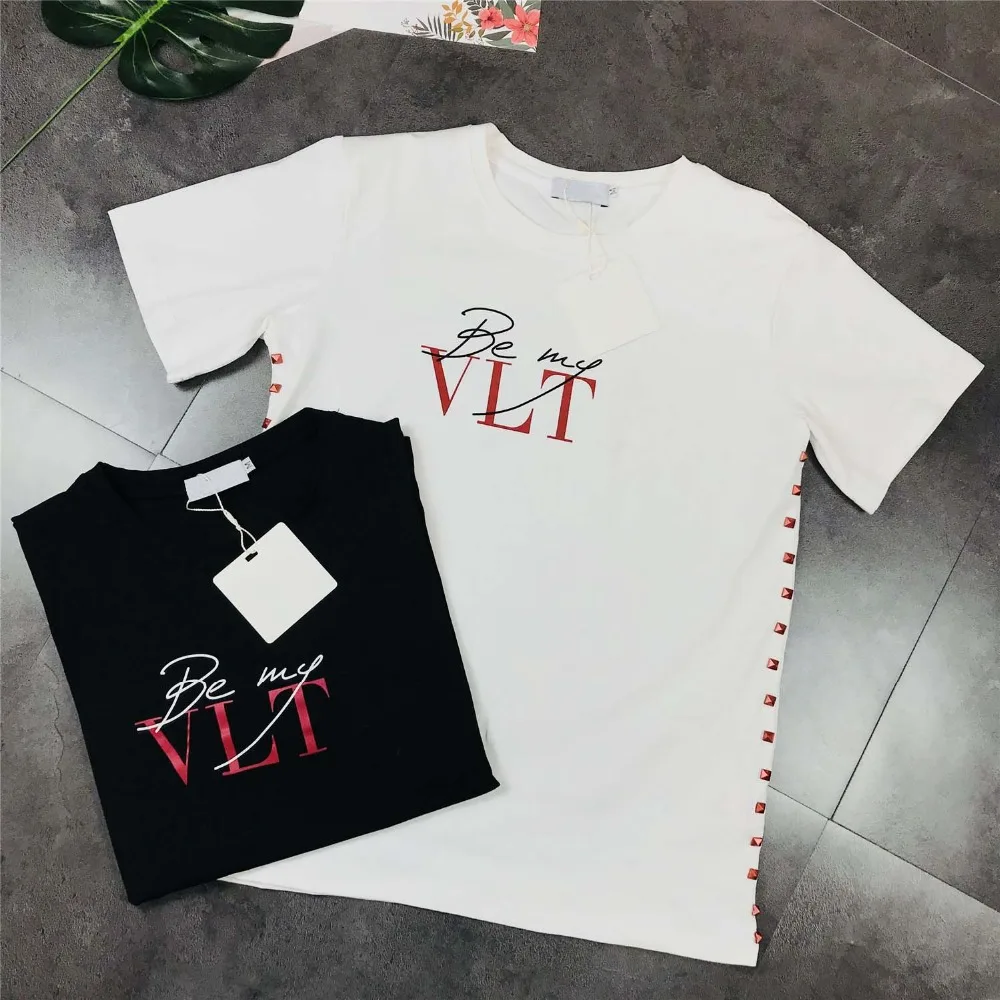 Summer Casual Cotton Women's Brands Tees Round Neck Designer Rivets Be My VLT Letter Print Woman T-shirt Size M-xxl