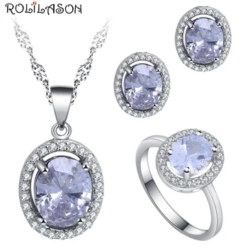 

ROLILASON classic white 925 silver zircon earrings / necklace / ring / jewelry set to send girlfriend the best gift JS789