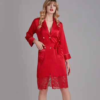 

Spring and Summer Long-sleeved Nightgown Sexy Lace Stitching Button Lace Night Robe Imitation Silk Black Ladies Morning Robe