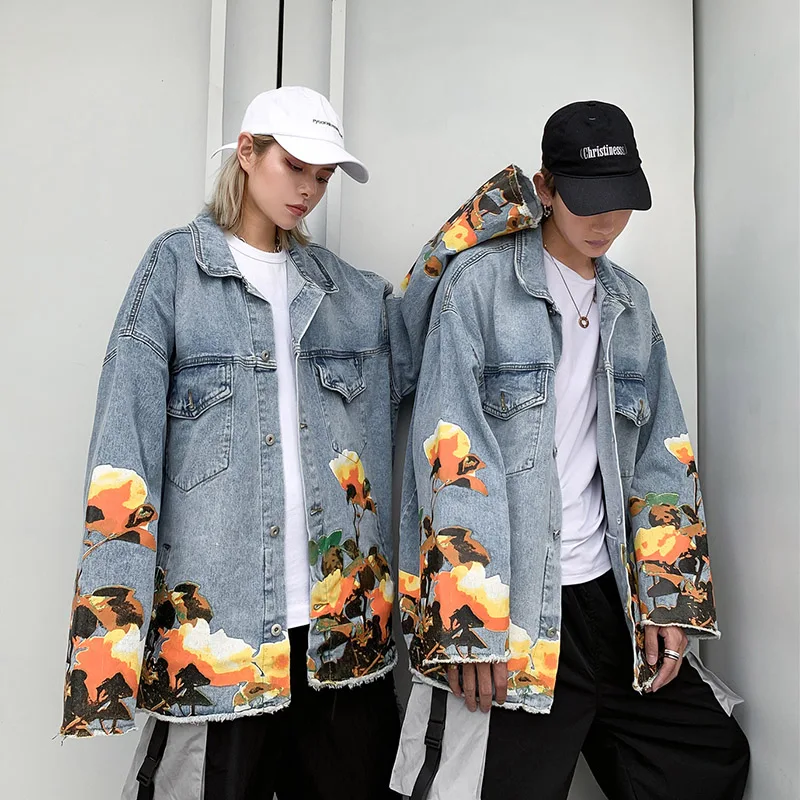 UNCLEDONJM джинсовые куртки с цветочным принтом для мужчин s High Street Distressed джинсовая куртка пальто мужские и женские хип хоп Уличная#1992