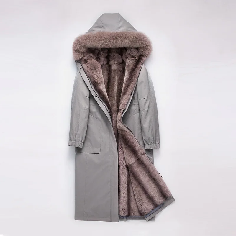 silver -gray Высококачественная модная длинная куртка с подкладкой из меха кролика рекс с настоящей меховая Толстовка больших размеров теплая мягкая удобная уличная Женская парка - Цвет: silver -gray