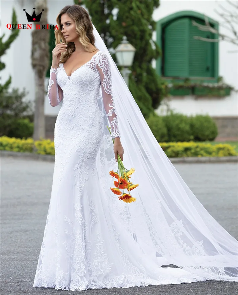 Custom Made 2020 New Design Trouwjurken Mermaid V-hals Lange Mouwen Tulle Lace Kralen Elegant Sexy Bruidsjurken CO21 Custom Made 2020 New Design Trouwjurken Mermaid V-hals Lange Mouwen Tulle Lace Kralen Elegant Sexy Bruidsjurken CO21