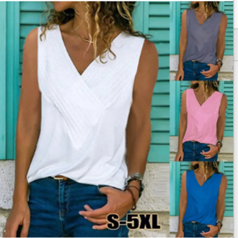 

Women's Spring and Summer New Explosion Models Amazon Hot Sale European and American Slim Fit V-neck Vest Solid Color T-Shirt