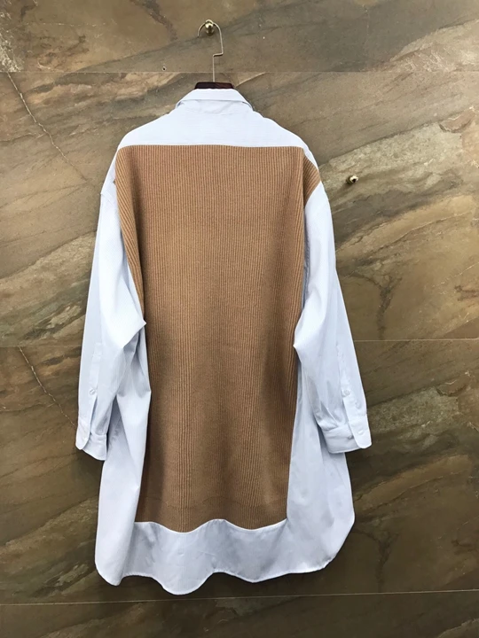 Early autumn new women's polo sweater color contrast splicing shirt long sleeve loose dress 1010