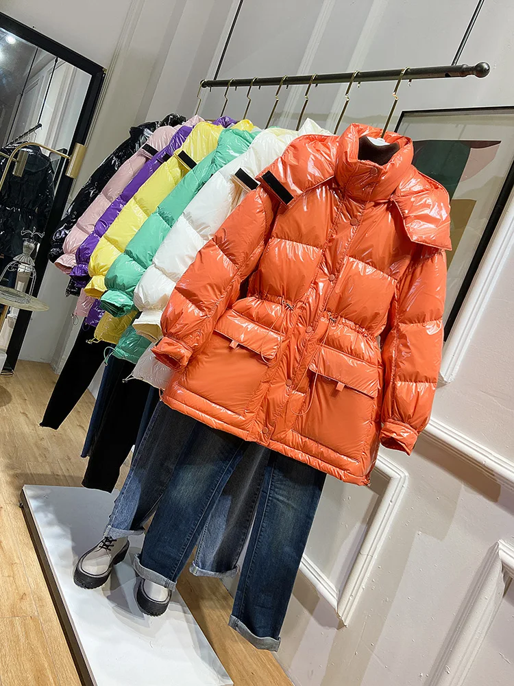 

2023 New High Quality White Duck Down Candy Color Bright Down Jacket Women Mid-length Korean Explosion Loose Waist Parkas Coat