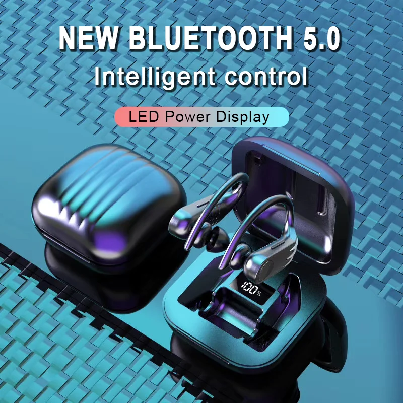 Tkey Bluetooth 5,0 наушники спортивные стерео водонепроницаемые настоящие беспроводные Bluetooth наушники светодиодный дисплей ушные крючки TWS 8D гарнитуры