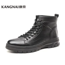 

KANGNAI Men Boots Genuine Leather Lace-Up Plush Winter Ankle Boots Vintage Comfortable Male Warm Shoes