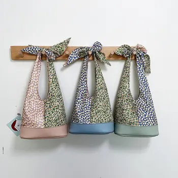 

Small Bucket Bag Women 2020 New Fashion Hit Color PU Leather+Silk Beach Handbag Casual Print Flowers Tote Clutch Shoulder Bags