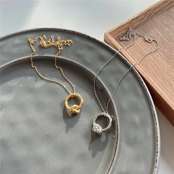 

POFUNUO Real 925 Sterling Silver Baroque Art Knotted Geometric Charm Necklaces Women Simplicity Chic Chokers Pendant Necklaces