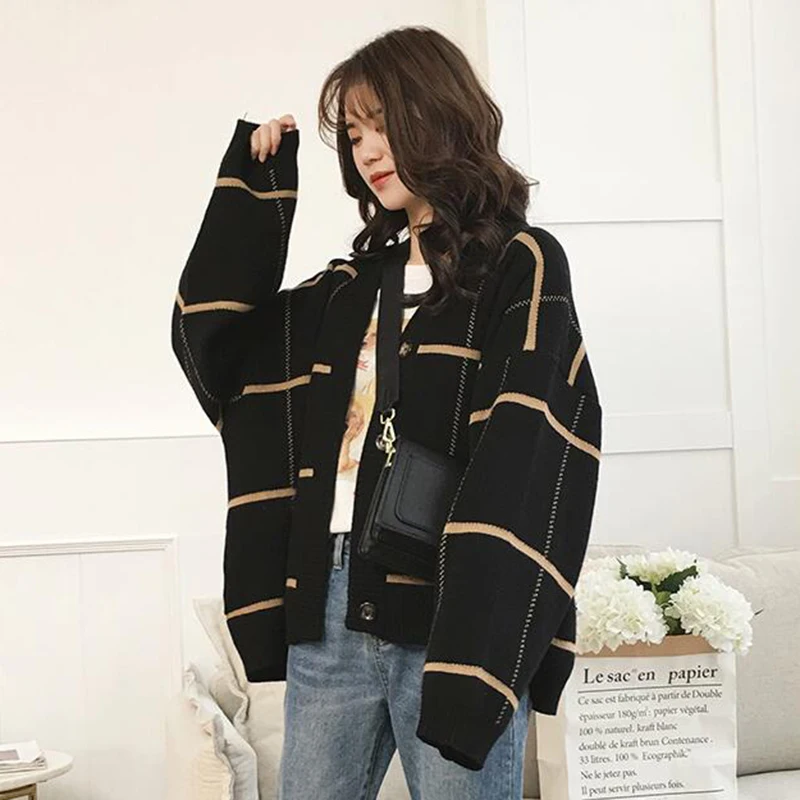 

Lattice Cardigan Women Yellow Sweter Black Young Fashion V Neck Short Knit Loose Korean Style Student Harajuku Trend Jacket