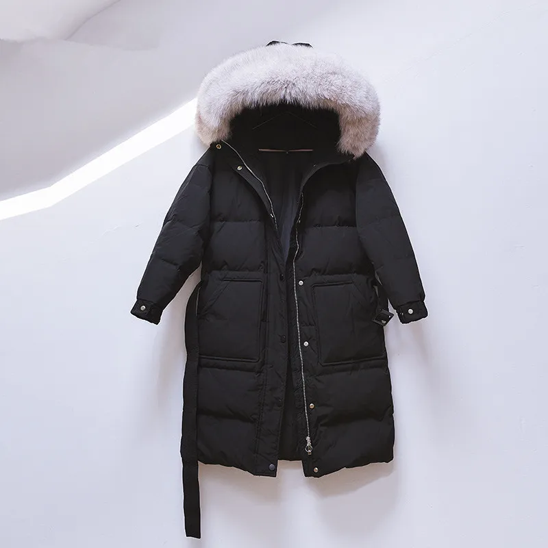 Пуховое пальто, зимняя женская длинная парка, толстая, теплая, тонкая, с большим мехом, с капюшоном, длинная, на утином пуху, куртка, женская верхняя одежда, зимнее пальто, NS1568 - Цвет: black