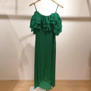 

Women Dress French Elegance 2019 Spring /Summer New Slash Neck Pleated Adjustable Shoulder Strap Women's Midi Dress