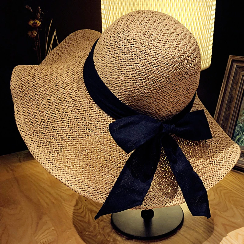 Женская соломенная шляпа HT3182 летняя пляжная с широкими полями и черным бантом