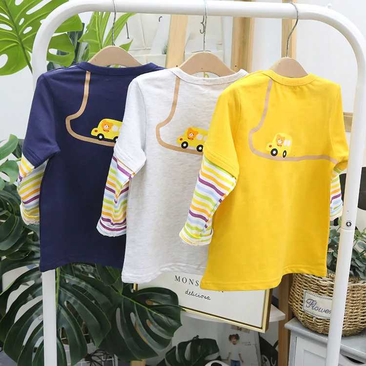 Childrenswear Spring New Style Cartoon Printed Mock Two-Piece Child Long-sleeved T-shirt Children Long Sleeve 18092