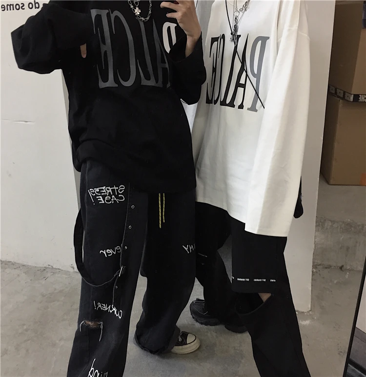 Harajuku/винтажная Повседневная белая футболка с длинными рукавами и круглым вырезом с принтом в виде смога и букв летние готические футболки для пары в стиле панк; большие размеры; футболки