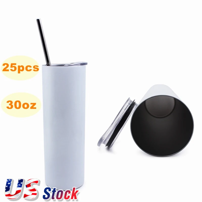 30oz Sublimation Blank White Insulated Skinny Tumbler Water Bottle & Lid Straw 