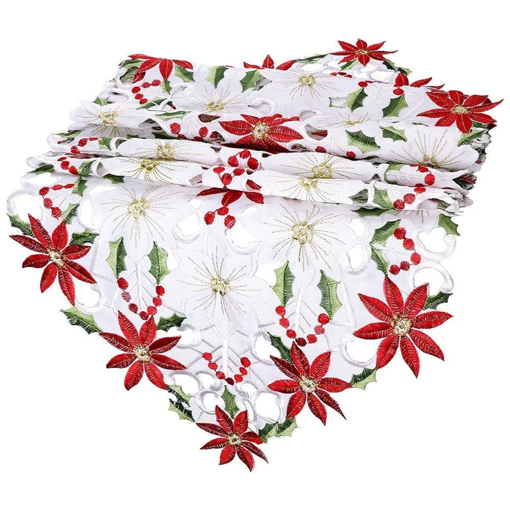 Embroidered Christmas Table Runner Poinsettia Holly Leaf Linens Table Cloth Home Table Decoration Xmas Party Supplie