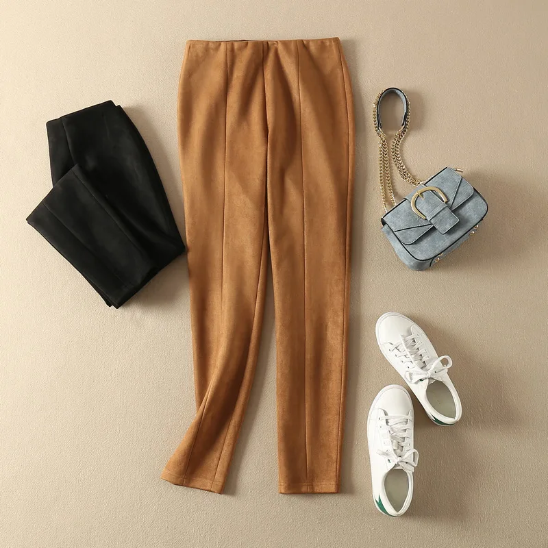 

Elfbop Women 2019 Black/Camel Suede Elastic Waist Slim-fit Long Pants