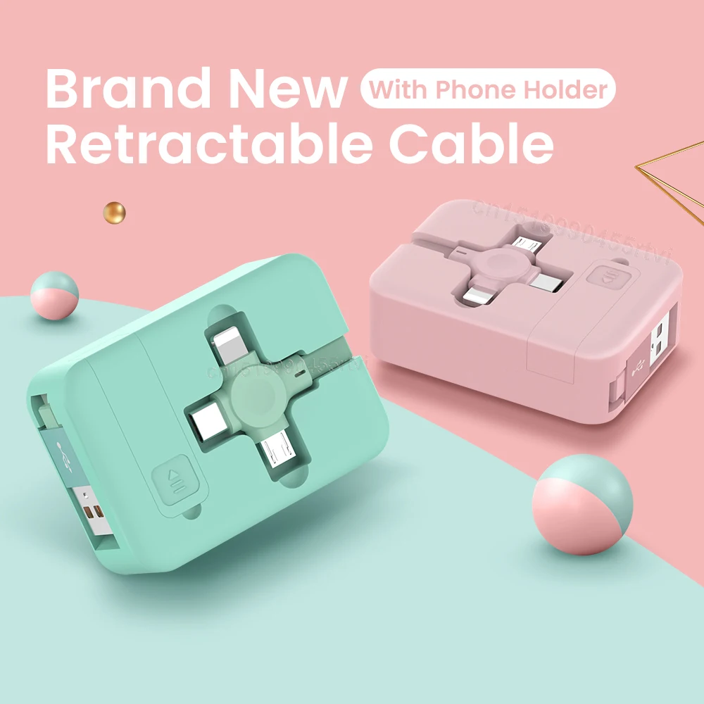 4in1 Retractable USB Type C Micro USB Cable for iPhone 13 12 11 Pro Max With Phone Stand 3in1 2in1 Charging Charger Data Cable_voghion.com