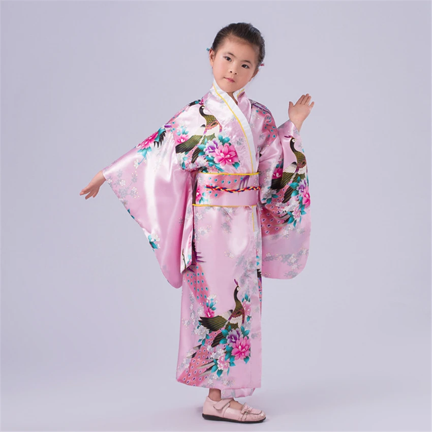 110-150cm Children Girls Japanese Traditional Costumes Kimono Dress with Obi Bathing Robe Yukata for Kids Girls Dance Wear
