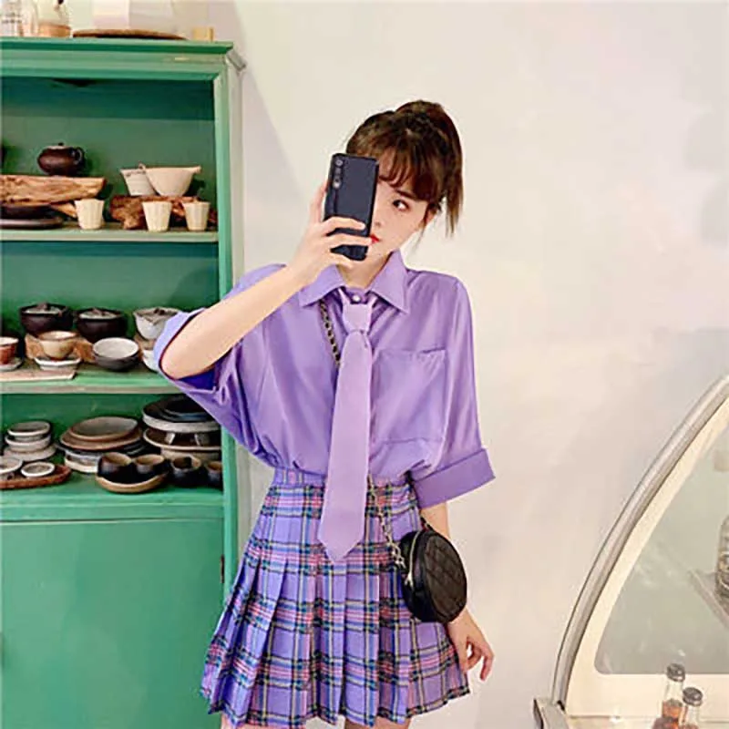 Harajuku/Милая пурпурная рубашка, Женский галстук-бабочка в стиле кэжуал, рукав «летучая мышь», свободный, летний, с отворотом, однотонный топ, рубашка, блузка, комплект из 2 предметов, клетчатая юбка