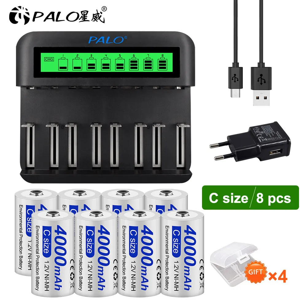 PALO C Size R14 C Cell Rechargeable Battery LR14 4000mAh 1.2V NI-MH C Batteries for Flashlight Gas Cooker with LCD smart charger coin cell battery Batteries