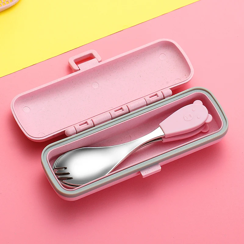 Portable Silicone Cutlery Travel304 Stainless Steel Kids Tableware Spoon Fork Creative Cute Children Student Cutlery Box Set 5CD