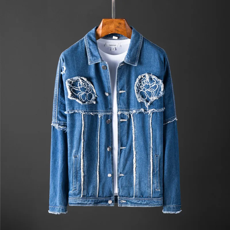 MORUANCLE Для Мужчин's рваные джинсовые куртки с цветочной вышивкой Марка NEW FASHION Hi Street рваные джинсовая куртка Верхняя одежда Размеры M-XXXL