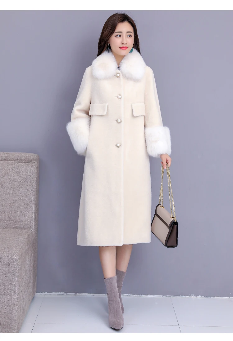 Women winter faux fox fur collar warm artificial sheep fur cashmere fabric medium long coat casacos abrigos plus size MLXLXXL4XL