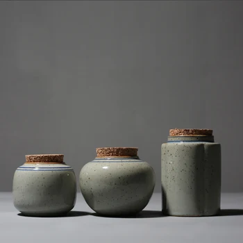 

Vintage Pottery Tea Caddy Chinese Kung Fu Tea Storage Container Cork Lid Ceramic Jar Mini Tea Box Home Organizer Sealed Canister